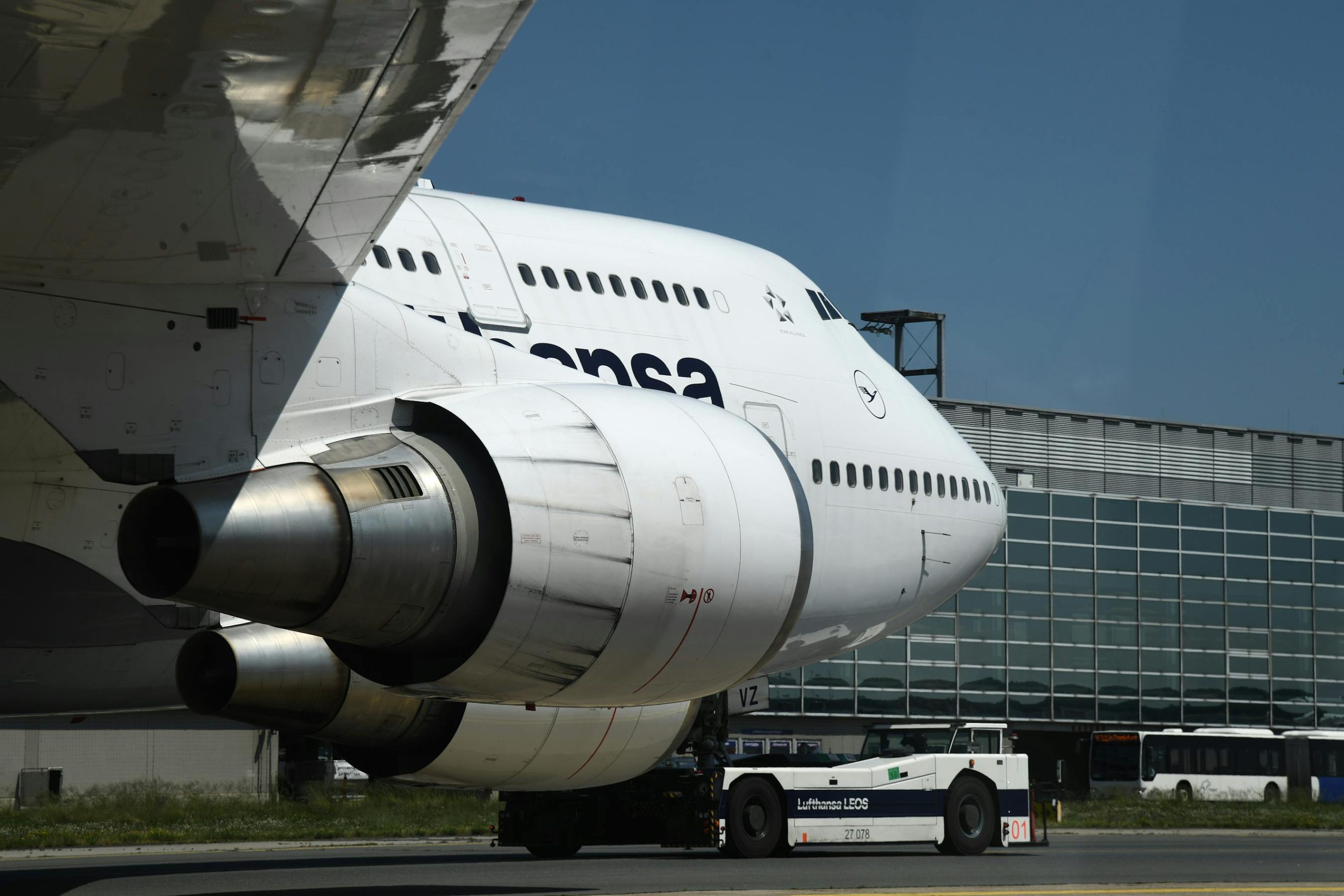 Lufthansa Boeing 747 cargo aircraft taxiing at Frankfurt Airport on a clear day